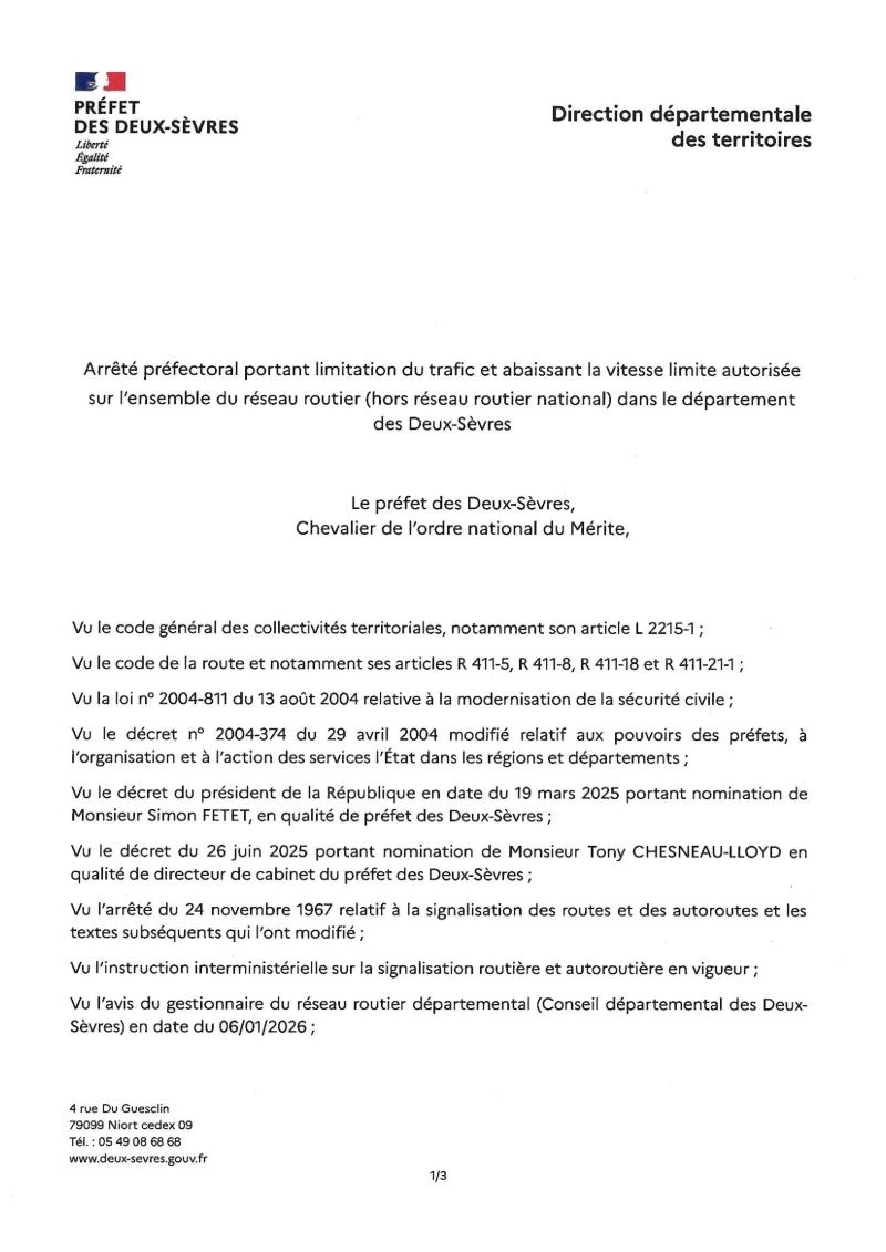 Arrêté prefectoral portant limitation du trafic en Deux-Sèvres - 6 janvier 2026
