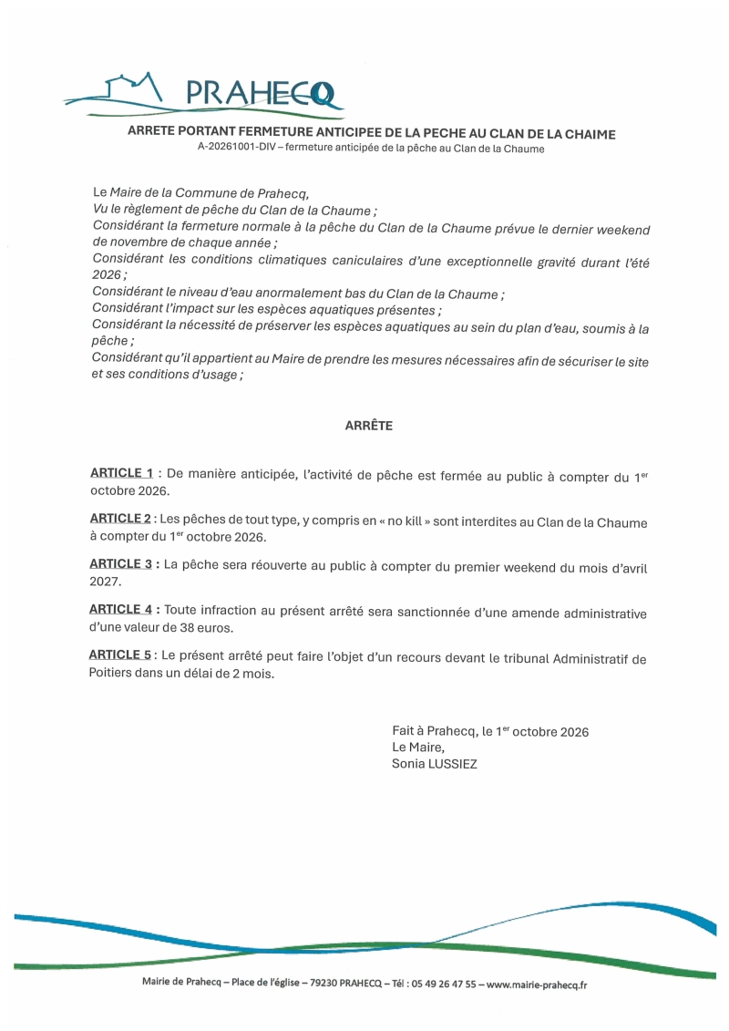 Arrêté de fermeture de la pêche